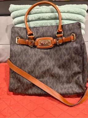 Michael Kors Brown MK Signature Tote with Tan Leather Trim